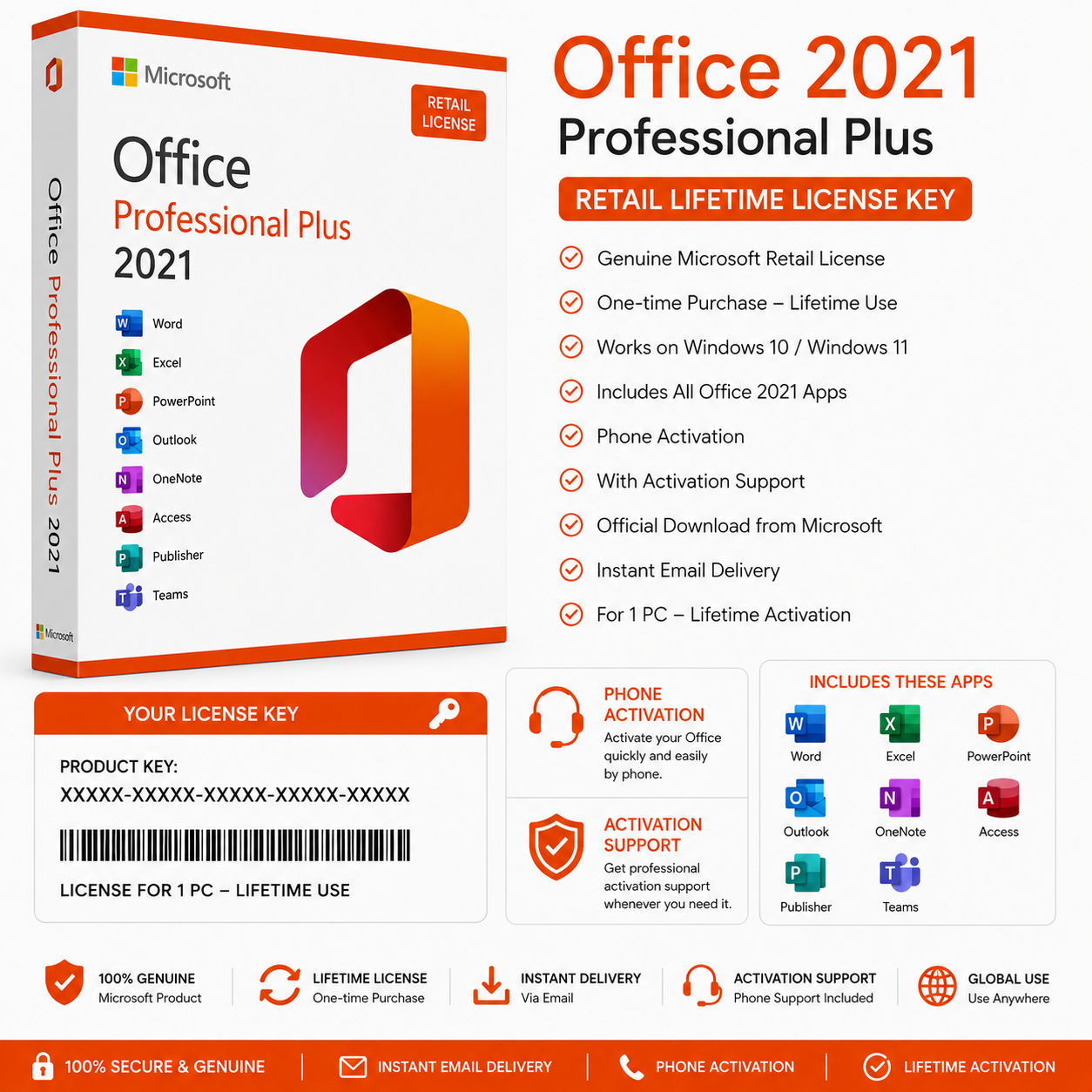 Office 2021 Professional Plus Retail Lifetime license key-phone Activation(With activation support)